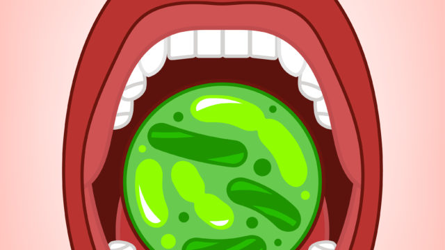 Illustrated poster of Open mouth with enlarged probiotic tablet showing living cells